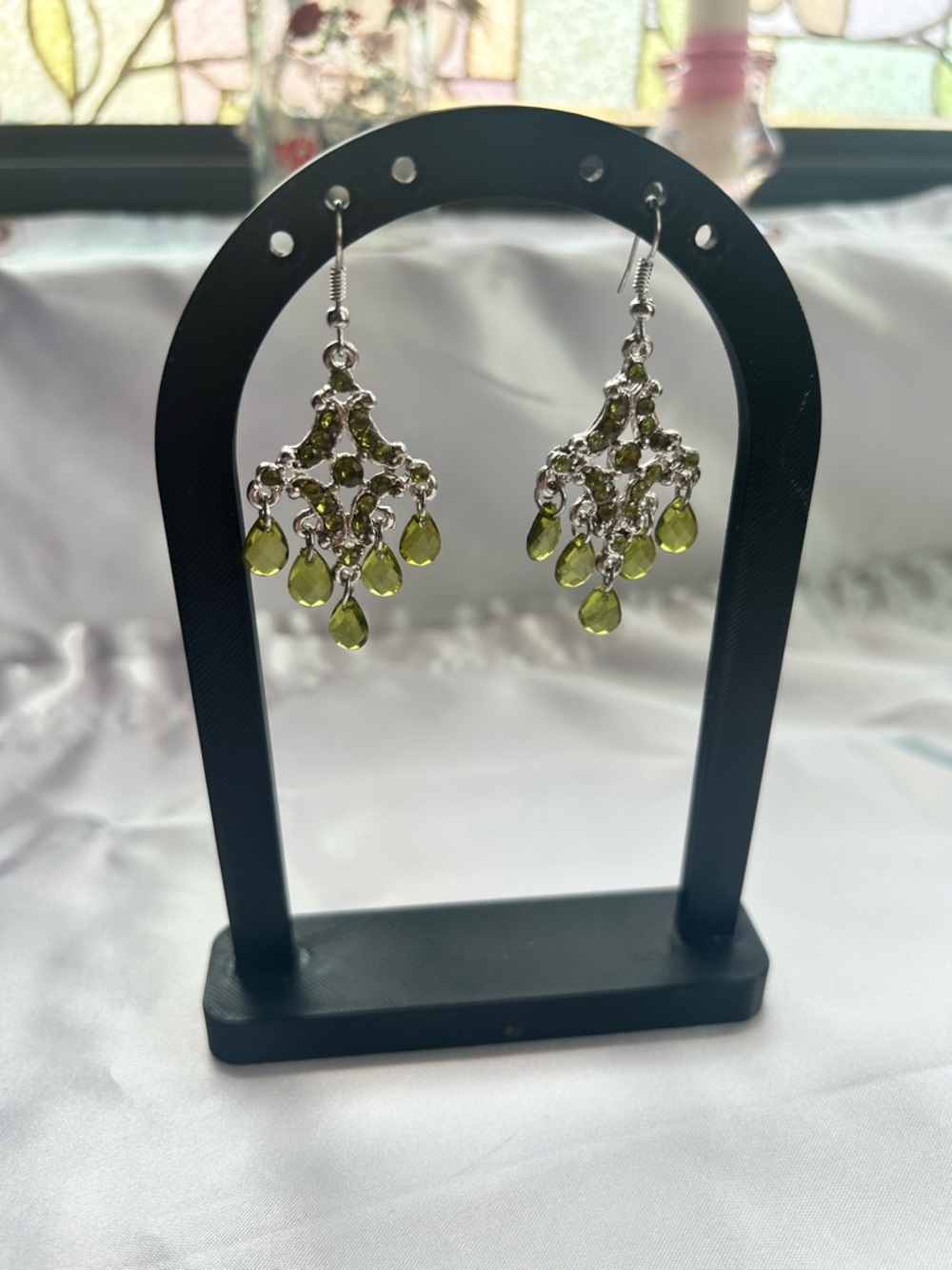 Silver Chandelier Earrings with Olive Green Teardrop Drops